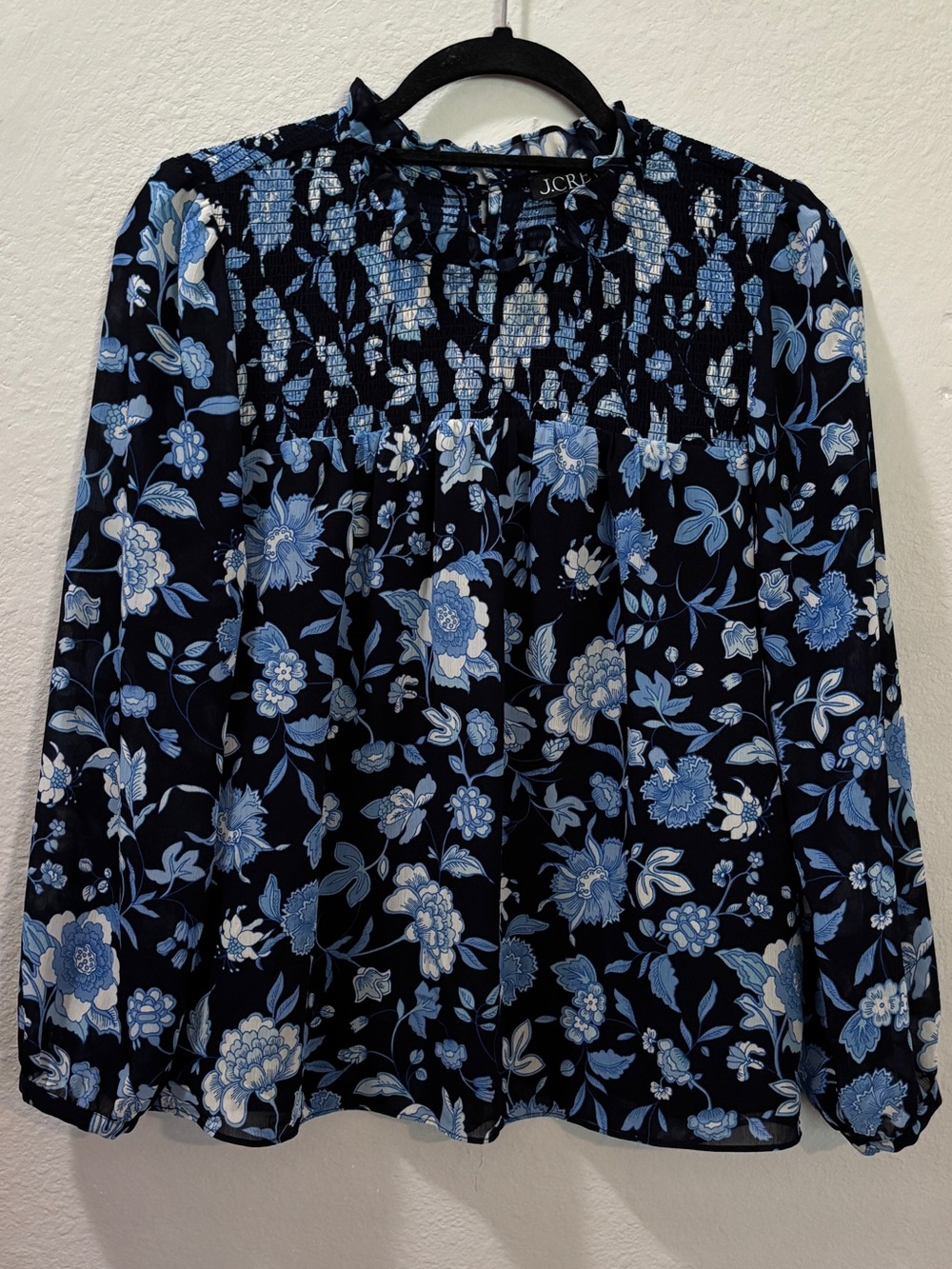 J. Crew Blue Floral Smocked Ruffle Blouse Size Small